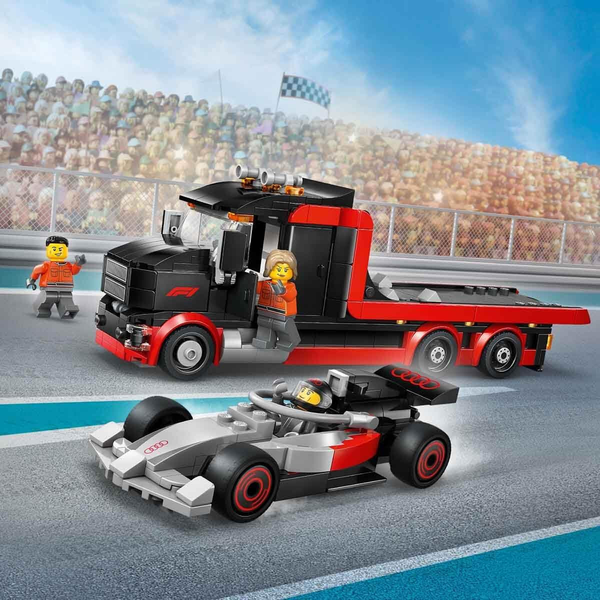 LEGO City F1 Truck mit Audi F1 Rennwagen - Spielzeug Modellbau mit 3 Minifiguren und Fahrzeug Hebefunktion - Geschenkidee für Jungen ab 7 Jahren und Motorsportfans - 60493