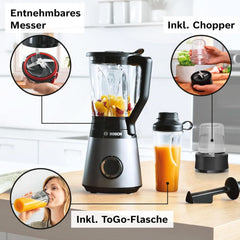 Bosch Standmixer Vitapower Serie 4 MMB6177S, Edelstahl-Klingen Made in Germany, 1,5L Thermosafe Glasbehälter, 0,6L To-Go-Flasche, Stopfer, Universalzerkleinerer, 30.000 U/Min, 1200 W, Silver Kitchen Naty Shop