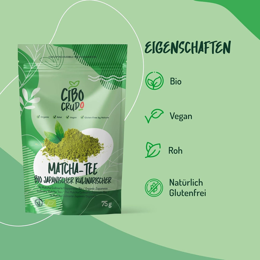 CIBO CRUDO Pudră Matcha Bio 75 g – Ceai verde Matcha japonez pentru prăjituri, înghețată sau deserturi
