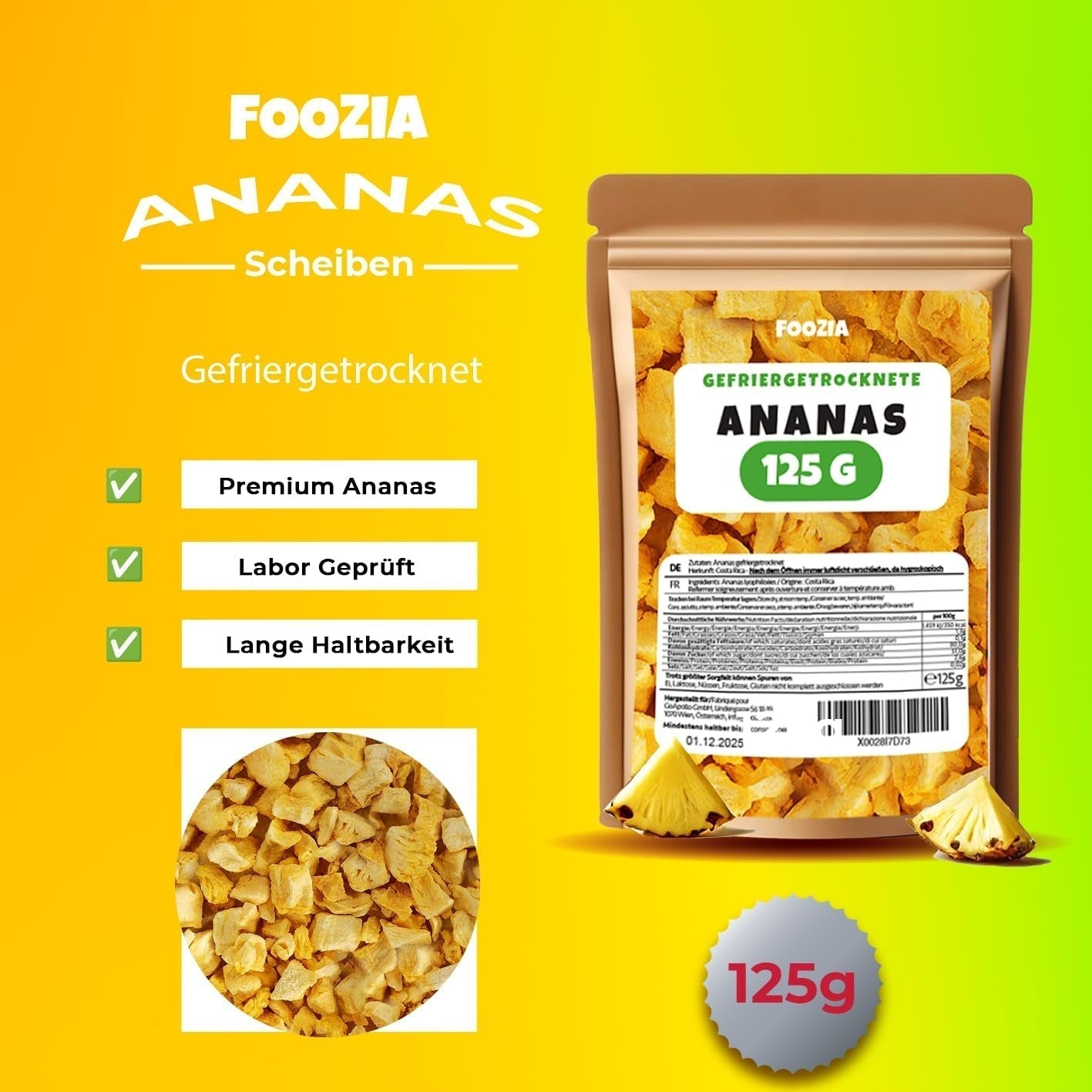 Ananas liofilizat 125g bucăți mari, Fructe liofilizate fără aditivi 100% pure - Fructe uscate naturale - Ananas uscat, fructe uscate de la Foozia Produse deshidratate Naty Shop
