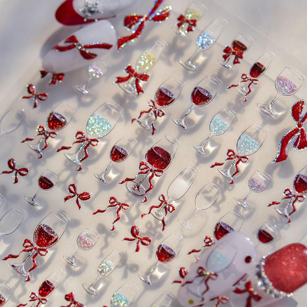 JMEOWIO 3D Nagelsticker Roter Kelch Mit Schleife Nail Art Sticker Selbstklebend Nagelaufkleber 5D Stereoskopisch Dekoration Nageldesign Zubehör 1 Blatt