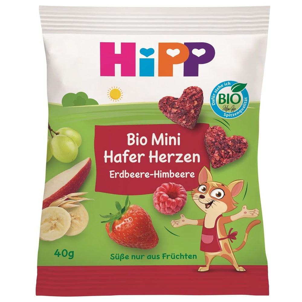 HiPP Mini Inimi de Ovăz Căpșuni-Zmeură (12 x 40g), de la 1 an, baton-snack organic în formă de inimă, cu conținut ridicat de cereale și fibre, îndulcit doar din fructe, de cea mai bună calitate organică