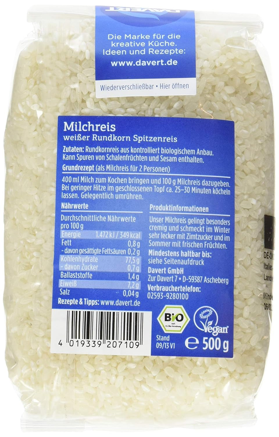 Davert Milchreis (1 x 500 g) - Bio
