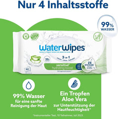 Șervețele umede WaterWipes Sensitive+ Hydrating Boost, șervețele hidratante, 720 bucăți (12 pachete), 3 în 1 curăță, îngrijește, hidratează, 99% apă cu aloe vera, șervețele umede fără parfum pentru bebeluși