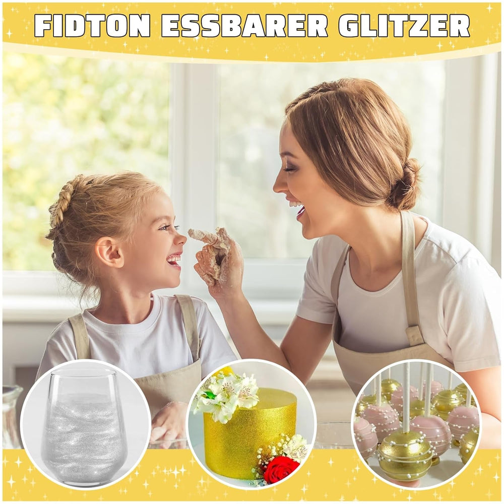 Sclipici comestibil pentru băuturi - Set de colorant alimentar pudră Fidton cu 2 culori, Sclipici comestibil pentru prăjituri, Fondant auriu, Gogoașă, Sclipici comestibil pentru băuturi, Cocktail, Aur și argintiu comestibil - 5 g