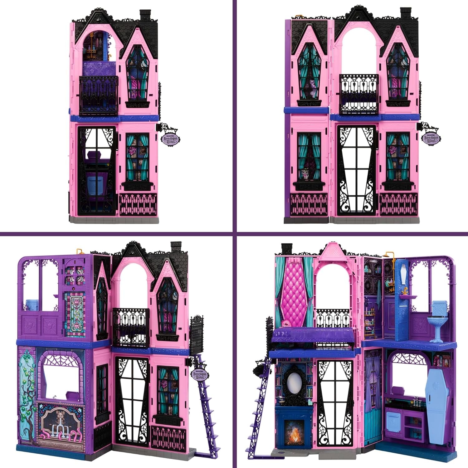Casă de păpuși Monster High Buh-tique Hotel, set de joacă pliabil cu surprize înfricoșătoare în fiecare cameră și peste 13 piese de joacă, inclusiv mobilier și accesorii, JBF16
