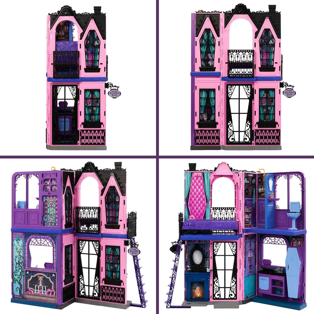 Casă de păpuși Monster High Buh-tique Hotel, set de joacă pliabil cu surprize înfricoșătoare în fiecare cameră și peste 13 piese de joacă, inclusiv mobilier și accesorii, JBF16