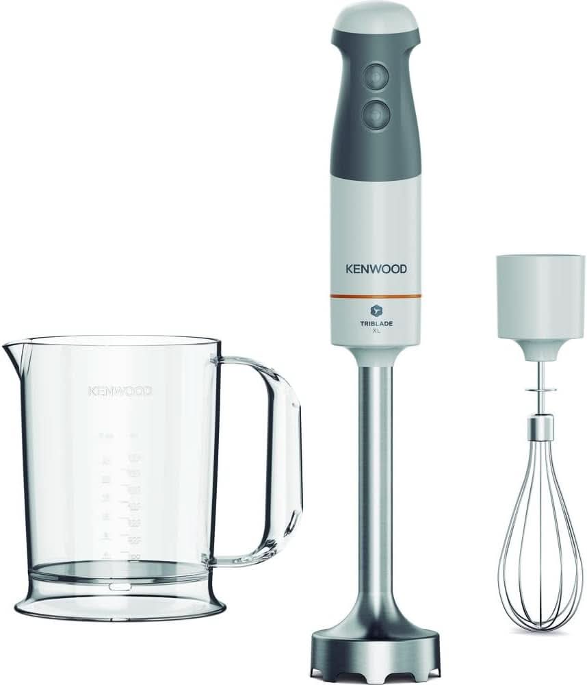 Kenwood Triblade XL Pro Stabmixer HBM80.322BK, 1200W, Variable Speeds, Edelstahl(Pürierfuß), Schneebesen, Emulgieraufsatz, 500Ml Zerkleiner, 700 & 250Ml Becher, Spülmaschinenfeste Teile Bucatarie Naty Shop Weiß/Grau 2 Hbm40.002Wh
