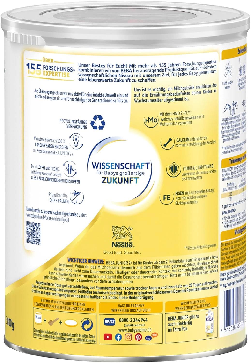 Băutură cu lapte BEBA Junior 2+ de la a 2-a aniversare, mâncare pentru copii cu HMO 2'-FL, numai lactoză, fără ulei de palmier, pachet 6 (6 x 800 g) Mama si Copilul Naty Shop
