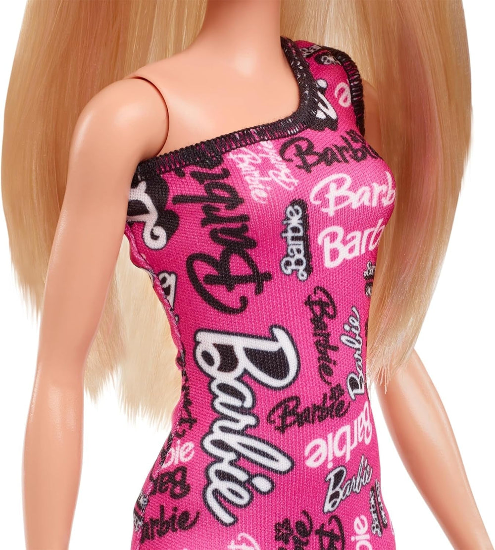 Barbie-Modepuppe mit glattem blonden Haar in rosa One-Shoulder-Stretchkleid und Schuhen mit Logo-Aufdruck HRH07 Naty Shop Dolls