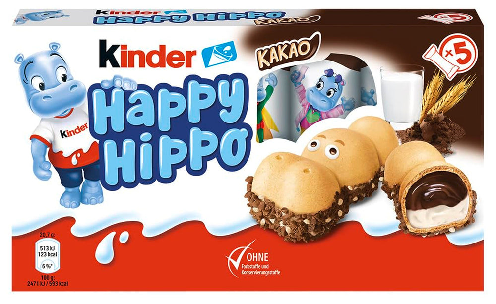 Kinder Happy Hippo Hazelnut – Specialitate crocantă de napolitane cu lapte și cremă de alune – Dulciuri pentru Carnaval și Mardi Gras – 1 pachet conținând 5 batoane individuale a câte 20,7 g fiecare