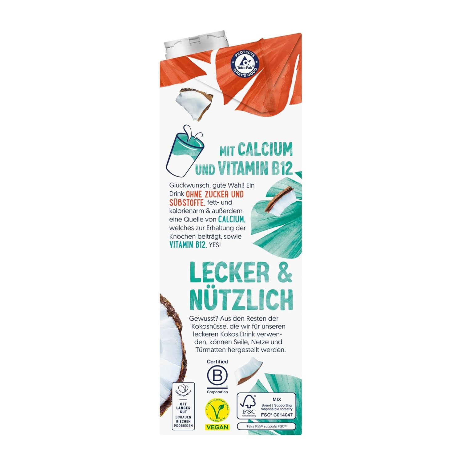 Alpro Kokosnussdrink ohne Zucker – Ohne Süßstoffe – Vegan und milchfrei – Von Natur aus laktosefrei und fettarm – Reich an Kalzium und Vitaminen – 8 x 1 L