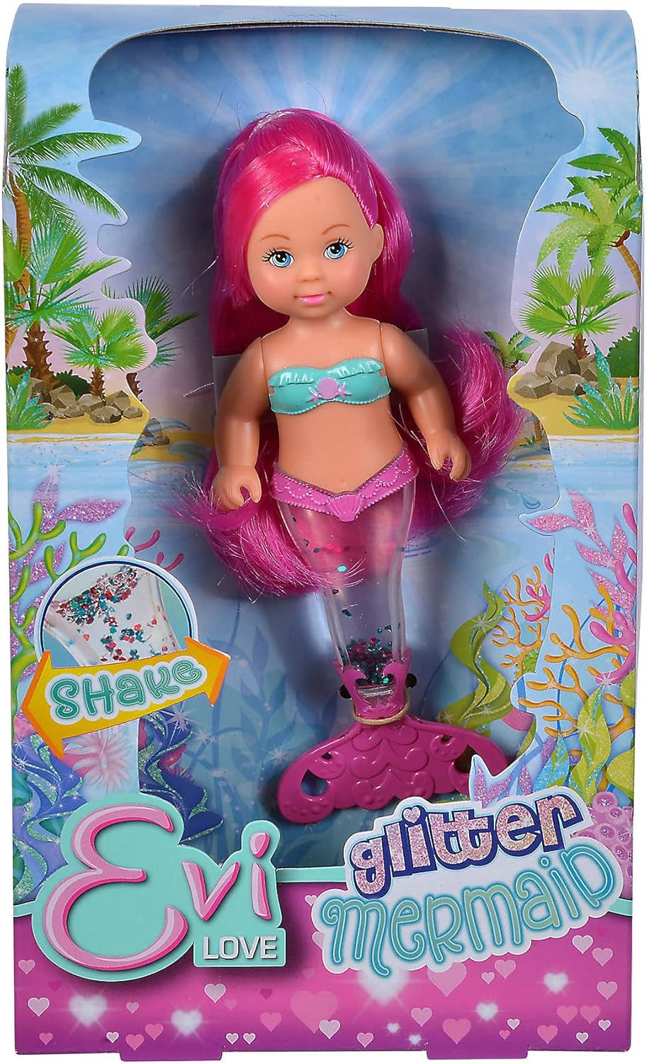 Simba 105733482 - Evi Love Glitter Mermaid, Puppe als Meerjungfrau mit Schwanzflosse, die beim Schütteln glitzert, Es Wird nur EIN Artikel geliefert