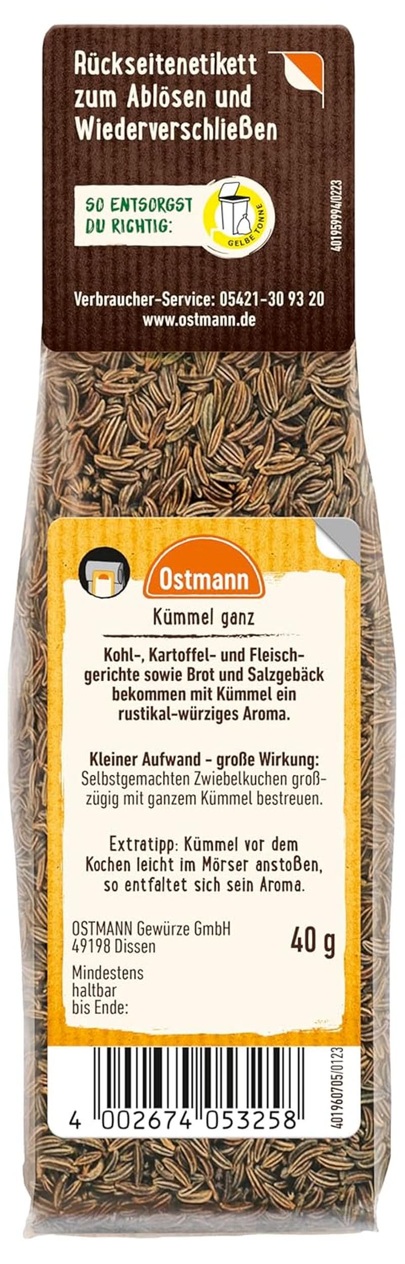 Ostmann - Ganzer Kreuzkümmel, zum Würzen von Brot und Gebäck, 40 Gramm Condimente Naty Shop
