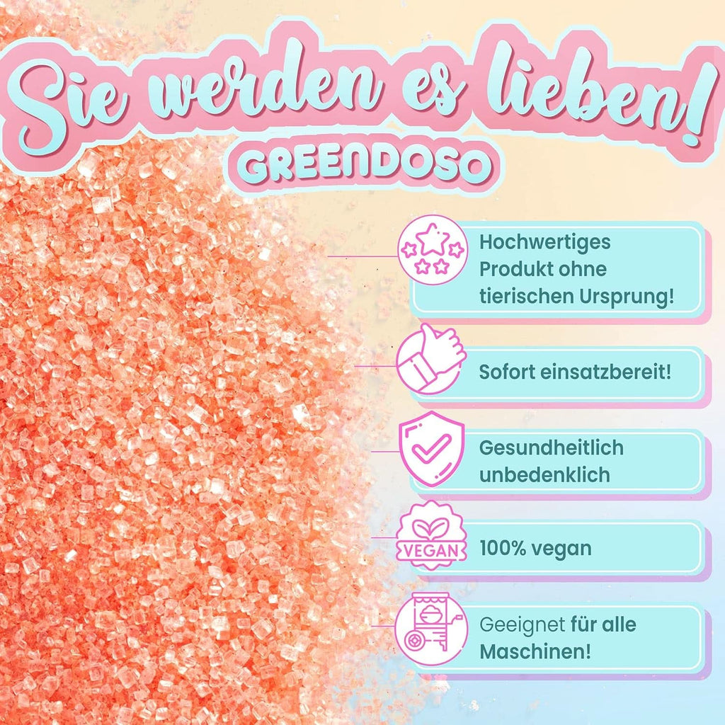 GREENDOSO® Zahăr de vată de zahăr pentru mașina de vată de zahăr (4 x 320 grame) - 4 arome (căpșuni/cola/ zmeură/ mere) + 50 sticks-uri - MADE in FRANCE Naty Shop