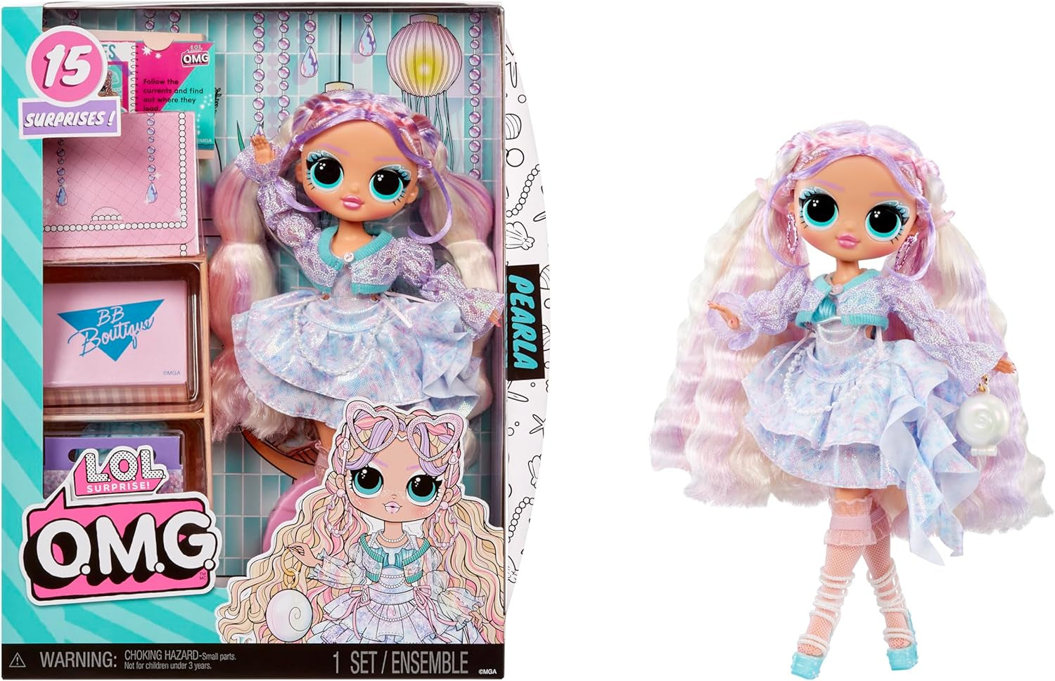 LOL. Überraschung! OMG Fashion Doll Pearla mit 15 Überraschungen – Modepuppe mit Meerjungfrauen-Accessoires – für Kinder ab 4 Jahren Naty Shop Perla Dolls