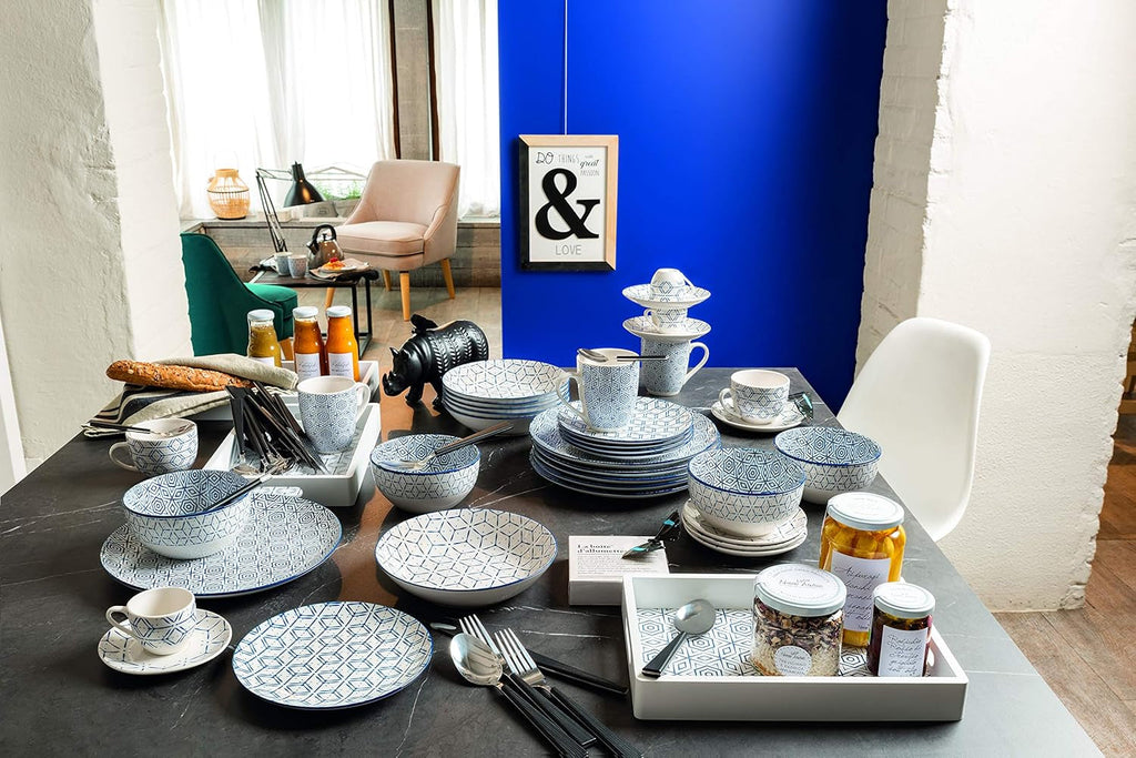 Downtown Tellerservice Für 6 Personen, 18 Stück, Porzellan, Weiß Und Blau Seturi vesela masa Naty Shop