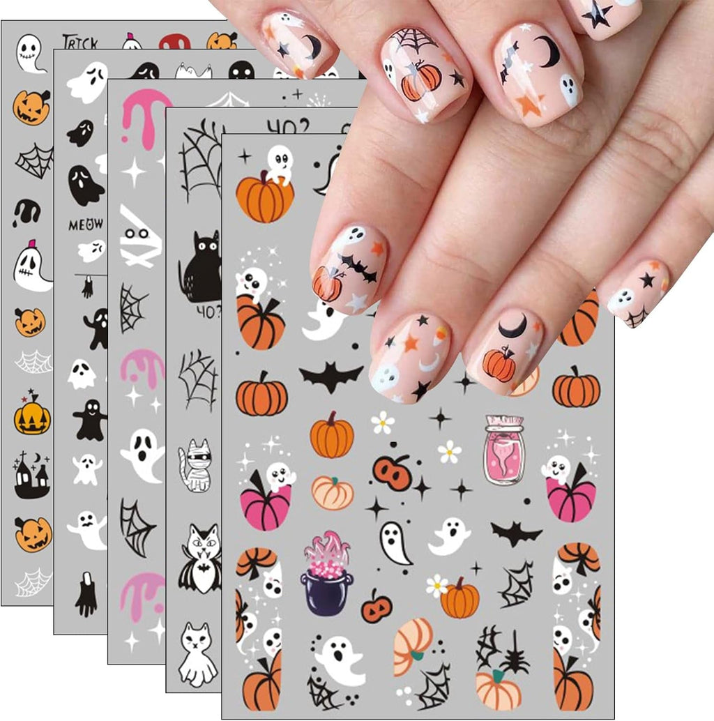 JMEOWIO Nagelsticker Halloween 8 Blatt Nail Art Sticker Selbstklebend Nagelaufkleber Totenkopf Horror Geist Hexe Spinnennetz Fledermaus Kürbis Spukdekoration Nageldesign Zubehör