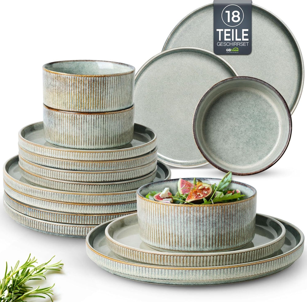 Set de veselă din gresie GBhome pentru 6 persoane, 18 piese, glazură reactivă, set de veselă din gresie lucrat manual, potrivit pentru cuptorul cu microunde și mașina de spălat vase, set de bol și farfurie