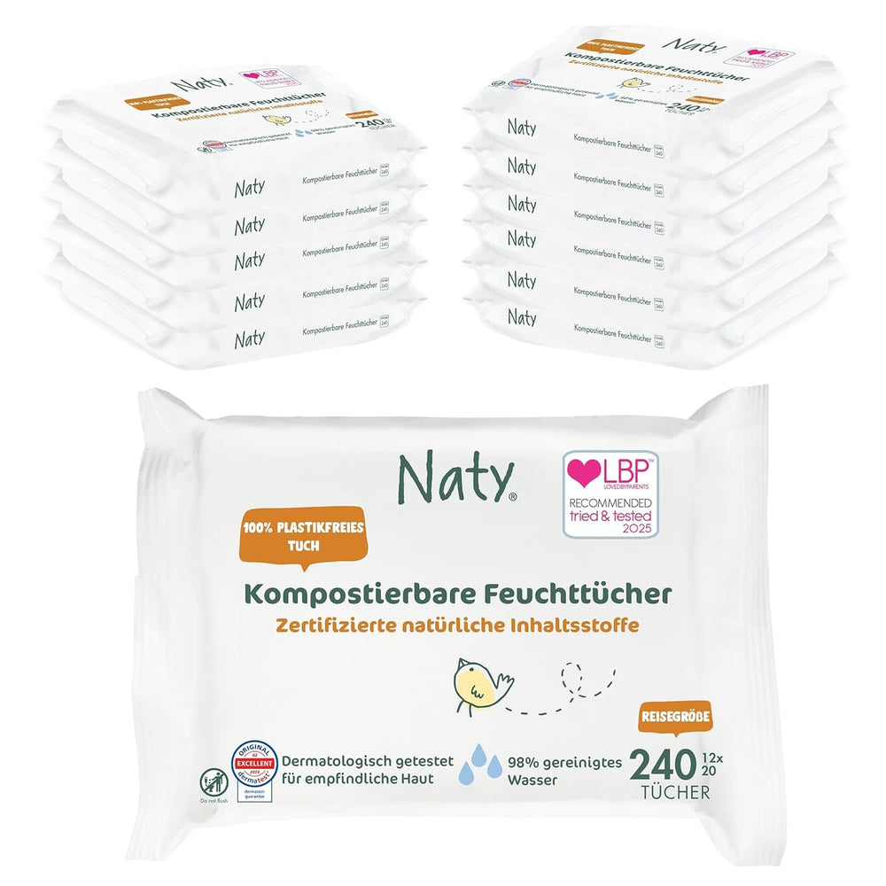 Șervețele umede Naty pentru bebeluși | 100% pe bază de plante și fără parfum pentru piele sensibilă | Șervețele fără plastic și certificate compostabile, cu 98% apă purificată | 672 de șervețele (12 pachete)