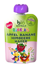 biozentrale BioKids Piure de fructe Măr Banană Zmeură Ovăz | 12 x 90g | Gustare fructată fără zahăr adăugat | Vegan