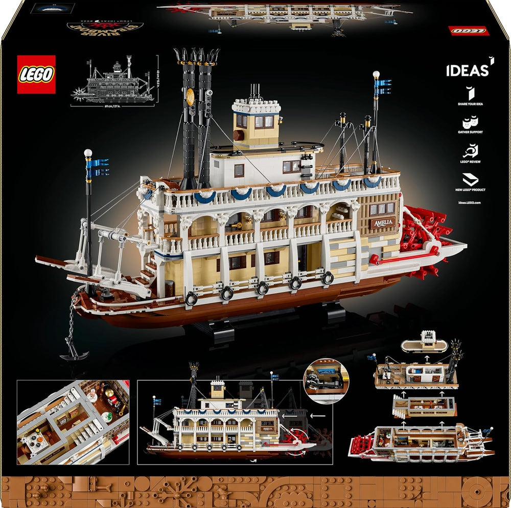 LEGO Ideas Flussraddampfer - Bauset für Erwachsene - Bootsmodell mit Innenraum & interaktiven Funktionen, inkl. funktionierendem Schaufelrad und Steuerung - DIY Geschenk für Männer und Frauen - 21356