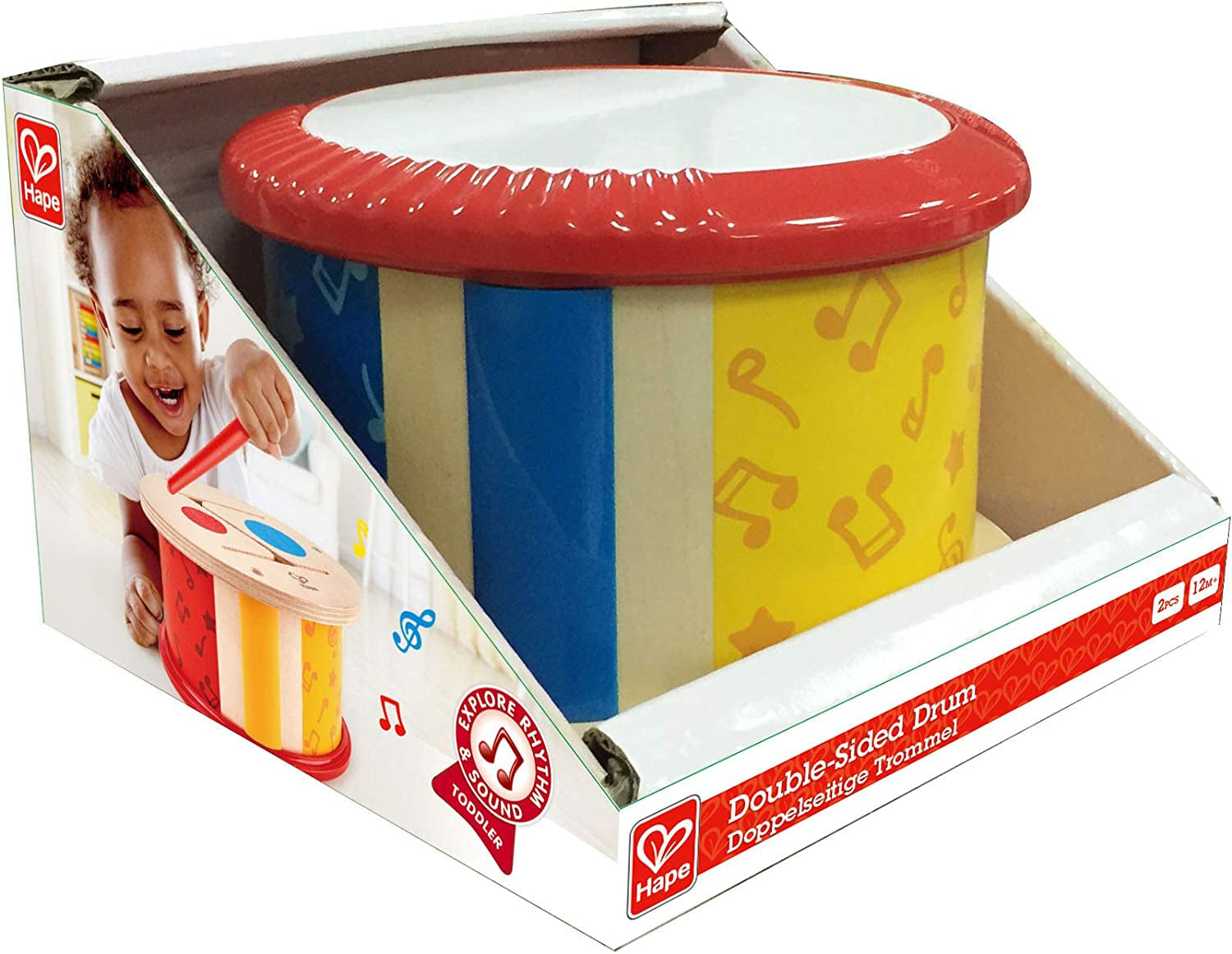 Hape tambur din lemn cu două fețe | jucărie muzicală pentru copii mici Jucarii Bebe Naty Shop