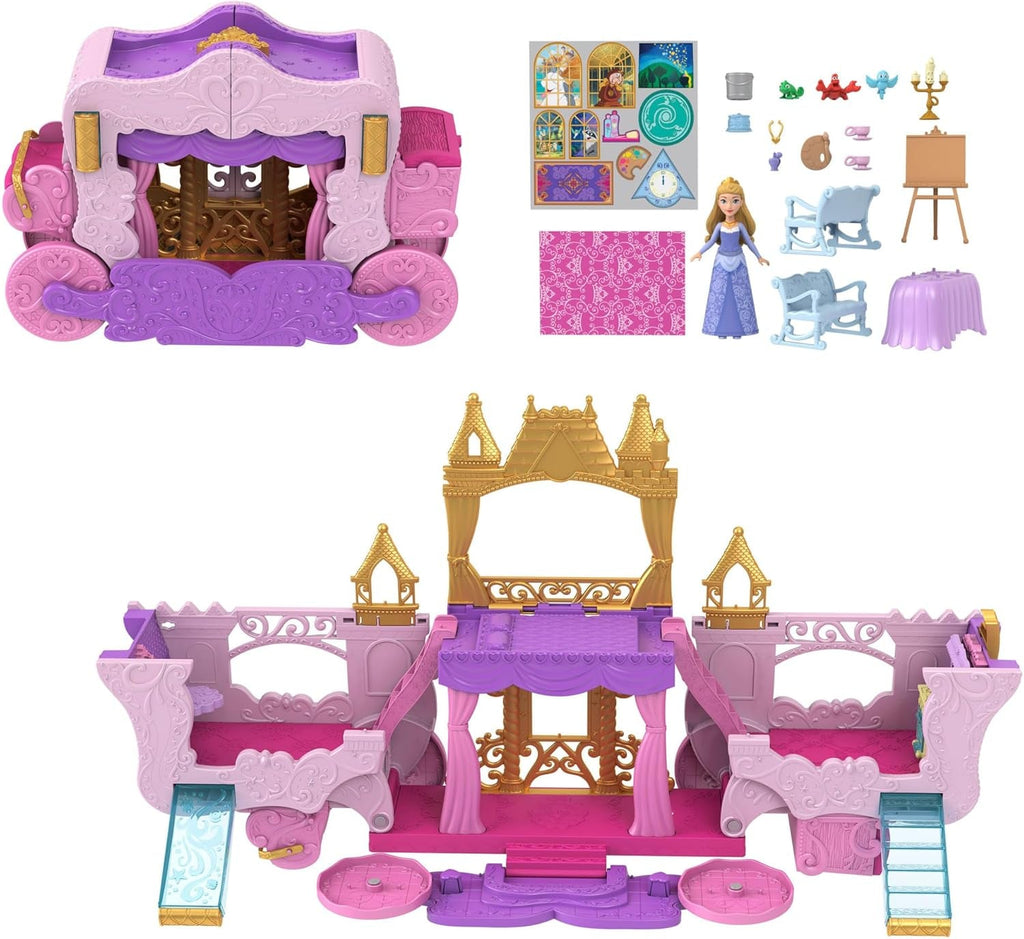 Mattel Disney Princess Transforming Playset Carriage to Castle With Little Aurora Doll, 3 nivele, 6 zone de joc, 4 figuri, mobilier și accesorii HWX17 Papusi Naty Shop Multicolor