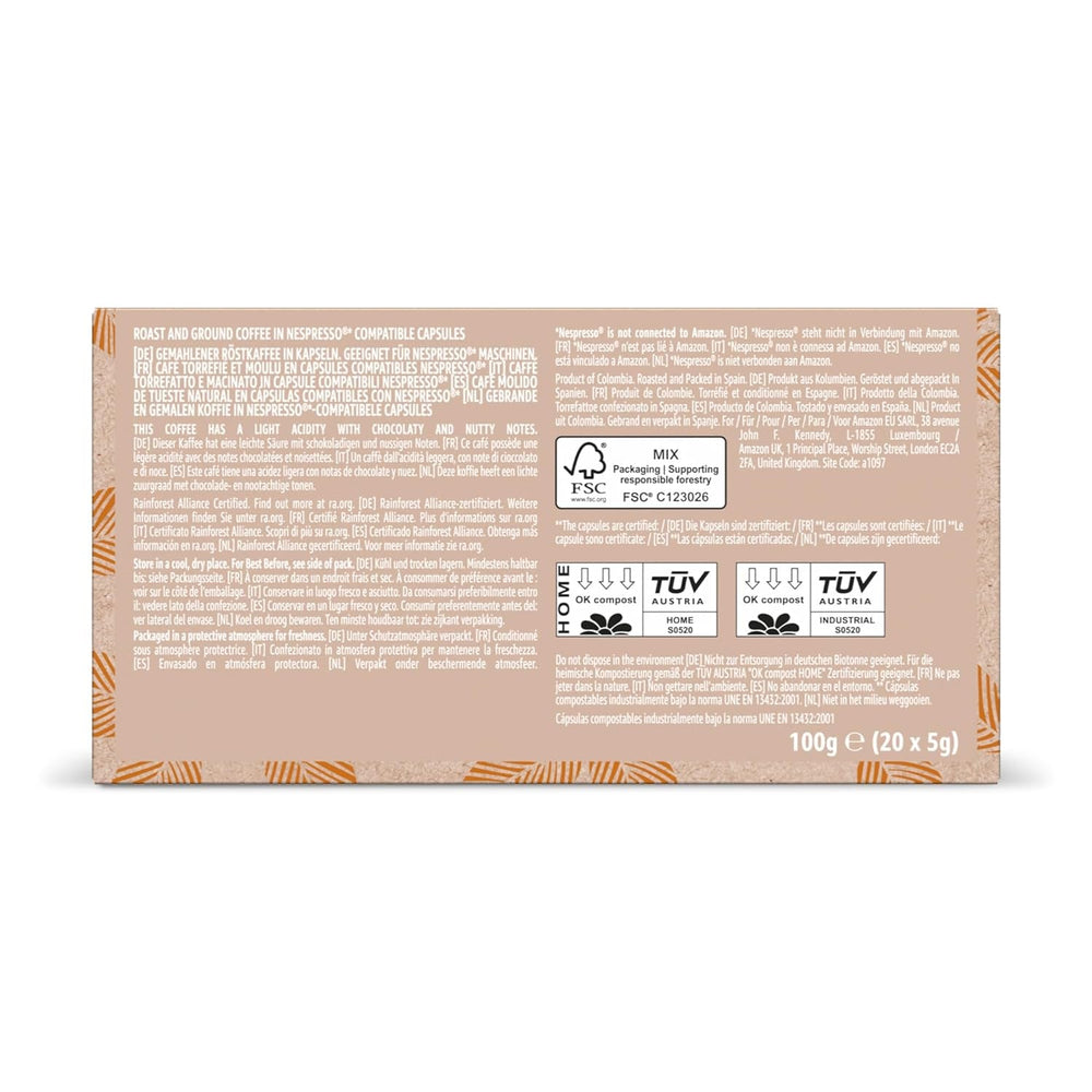 By Amazon Hauskompostierbare Kaffeekapseln, kompatibel mit Nespresso, 100 % kolumbianischer Arabica, 20 Stück – Rainforest Alliance-zertifiziert