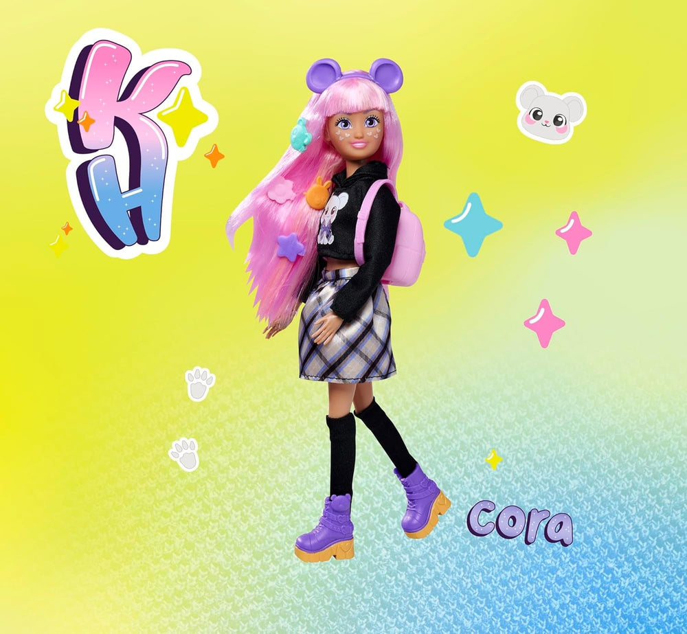 Simba 105953976 - Kawaii Hi Ankleidepuppe Cora (26 cm) - bewegliche Modepuppe zum Frisieren und Stylen, Puppe mit Langen Haaren, Maus und Zubehör, Spielzeug für Kinder ab 4 Jahre