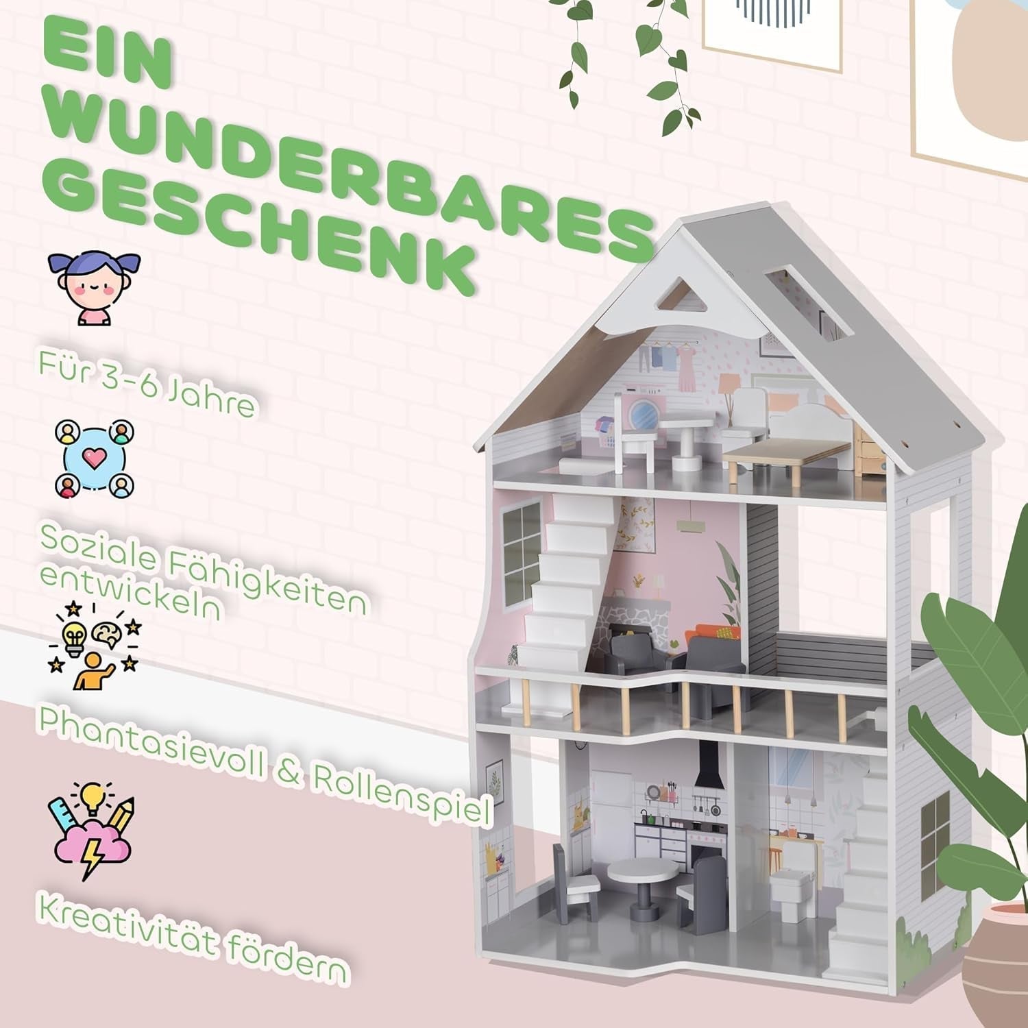 AIYAPLAY Puppenhaus aus Holz, 3-stöckiges Spielhaus mit 13 Möbelstücken, Zubehör, 85,3 cm hohes Puppenhaus für 3–6 Jahre, graue Puppenhäuser Naty Shop