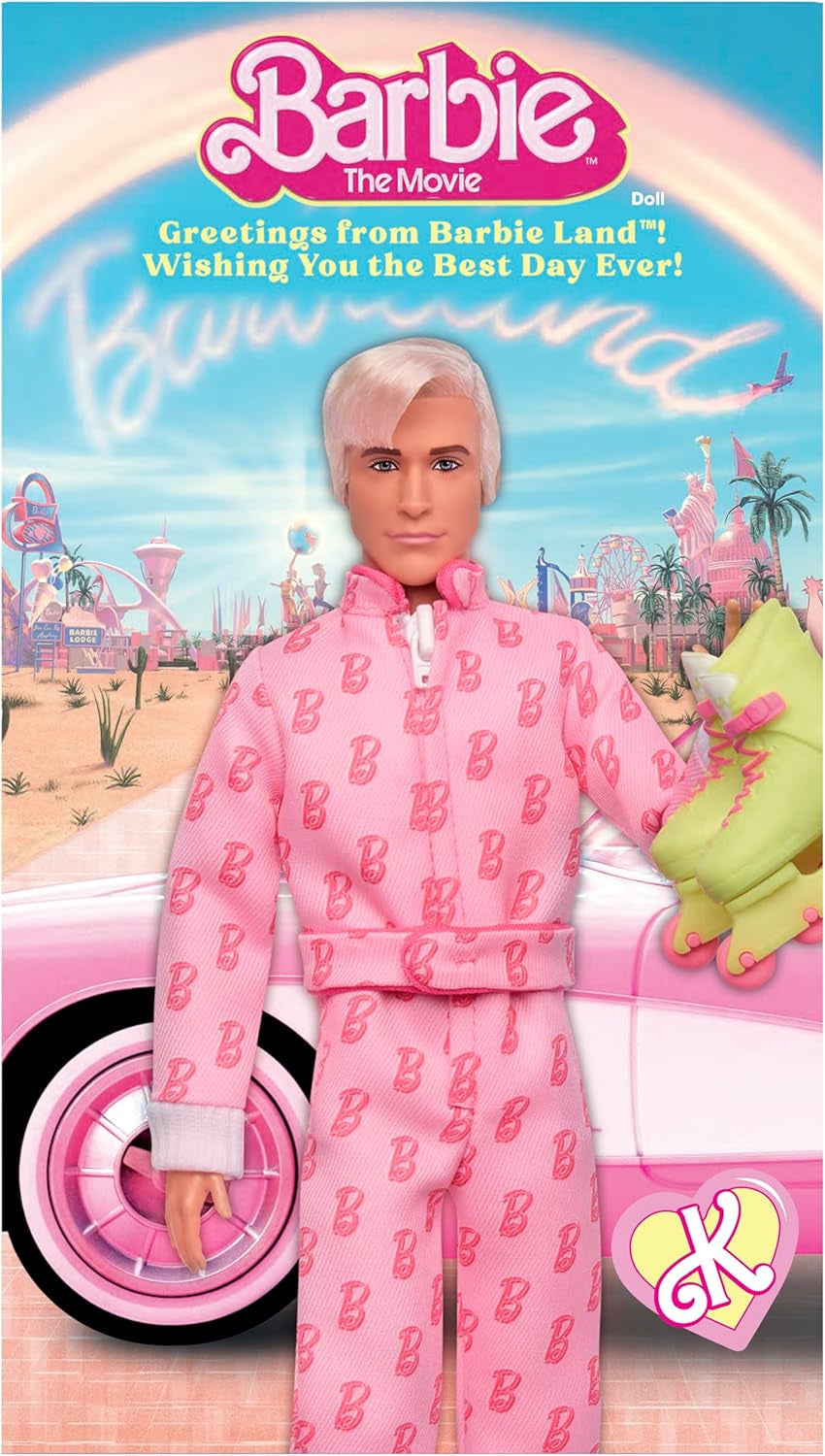 Barbie Ken-Sammelpuppe zum Barbie-Spielfilm, Ryan Gosling als Ken in rosafarbenem Overall mit B-Aufdruck, weißen Sneakern und bunten Inlineskates, JCP80
