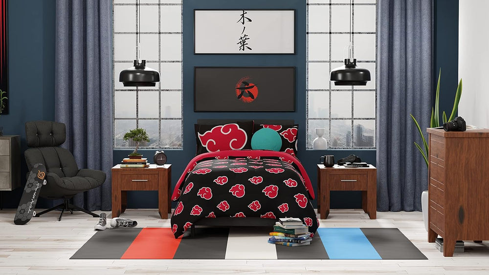 Franco Naruto Anime Akatsuki Pattern Lenjerie de pat moale microfibră Plapumă Queen, (produs oficial Naruto) Plapumi si pilote Naty Shop