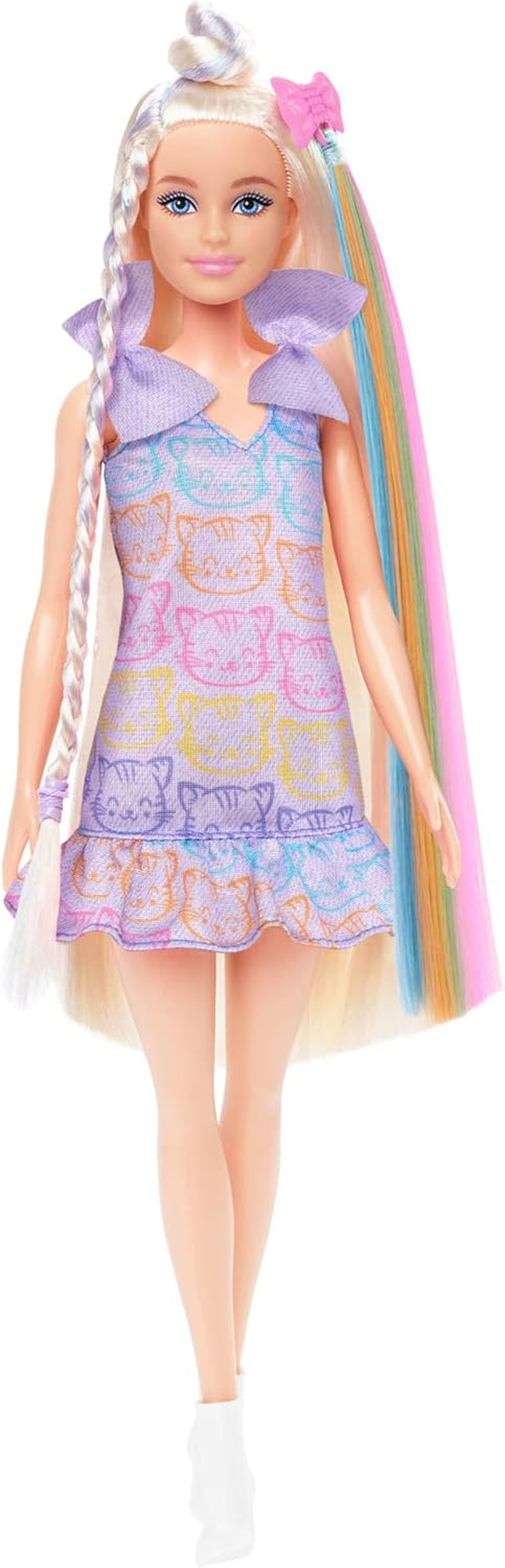 Barbie-Puppe, Fun & Fancy-Haar mit extralangem farbenfrohem schwarzem Haar und schimmerndem rosa Kleid, 10 Frisier- und Mode-Spielaccessoires, JDC86