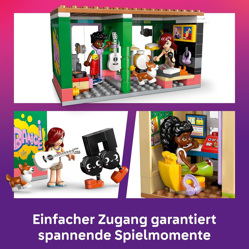 LEGO Friends Musikladen & Wohnung - Spielzeug mit 3 Mini-Puppen, Einer Corgi Tierfigur und Musikinstrumenten wie Klavier, Schlagzeug, Gitarren & Zubehör - Geschenk für Mädchen ab 7 Jahren - 42653