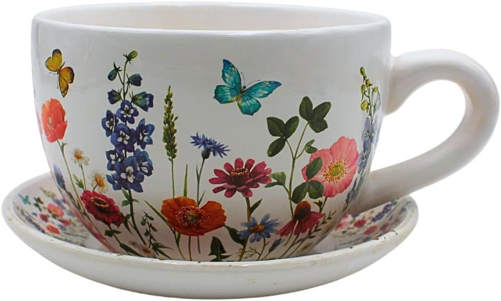 Ghiveci de flori Dekohelden24, jardinieră, ghiveci pentru plante, recipient pentru plante, ghiveci de flori. Ghiveci ceramic în formă de cupă cu mâner, design: lavandă, L/l/Î 25 x 23 x 14 cm.