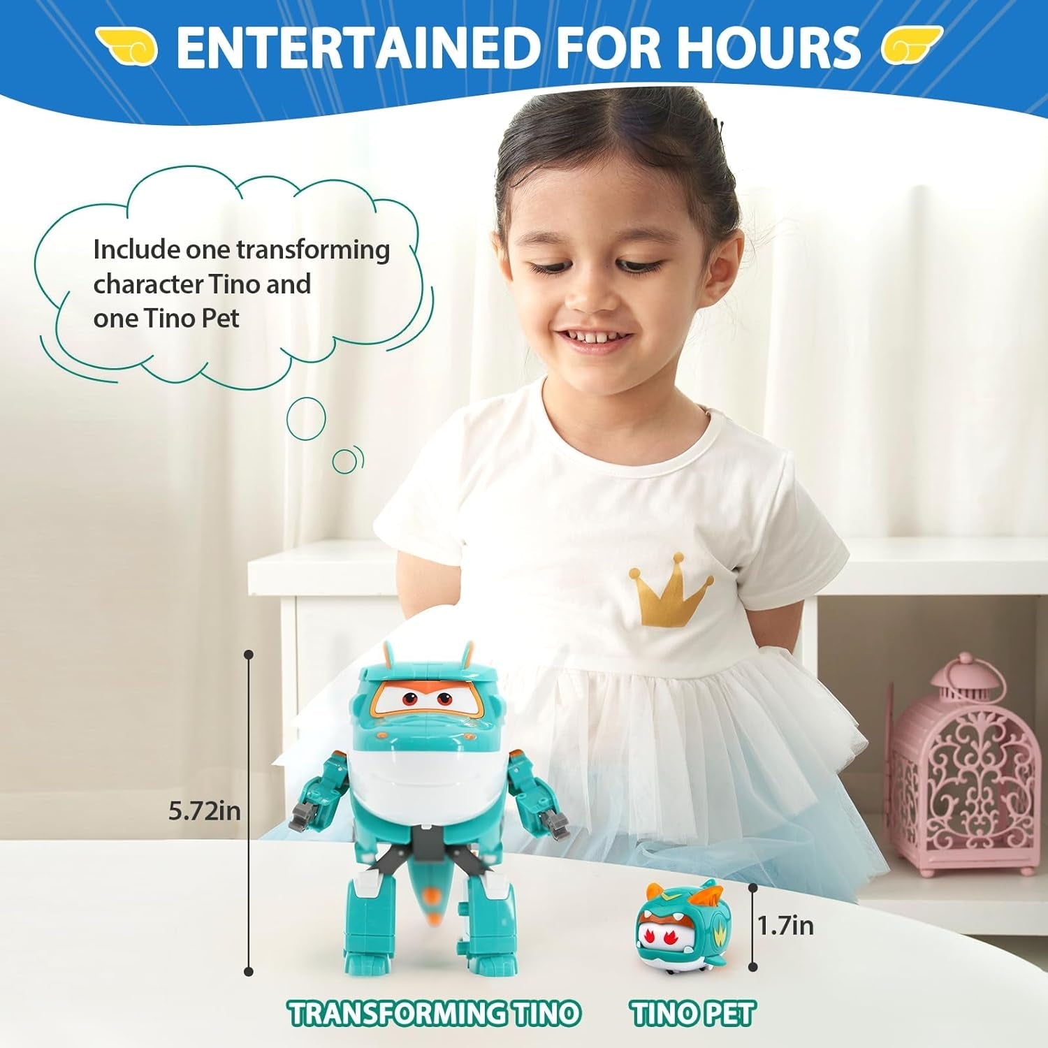 Super Wings EU770447 - Transforming Tino & Pet, figură de joacă transformabilă cu înălțimea de aprox. 14,5 cm și animal de companie cu înălțimea de aprox. 4,3 cm, pentru copii cu vârsta de peste 3 ani Action figures Naty Shop