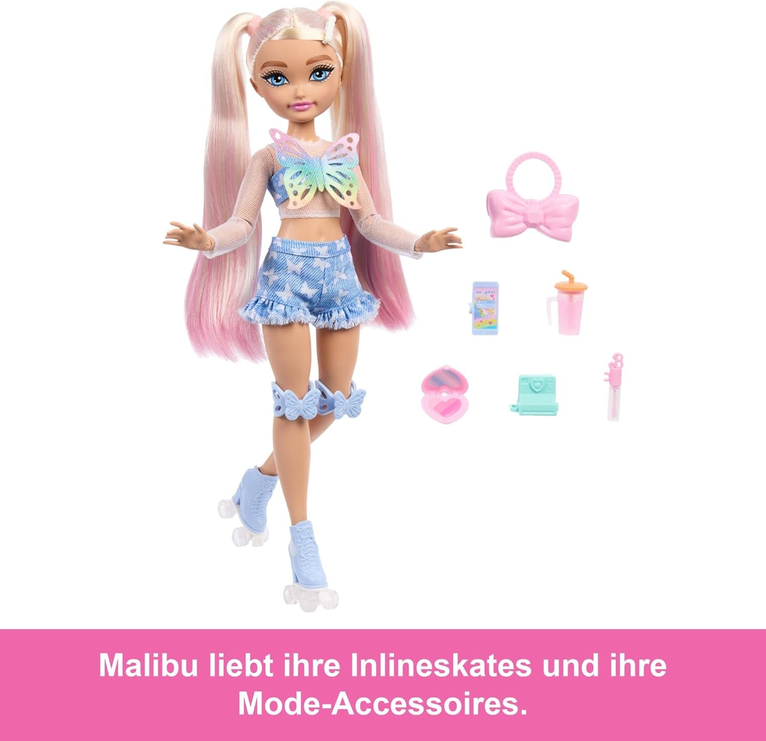 Barbie Dream Besties Puppe und Zubehörteile, bewegliche Barbie Malibu Rollschuh-Modepuppe mit blondem Haar, 9 Teile zum Thema Make-up, JFX96