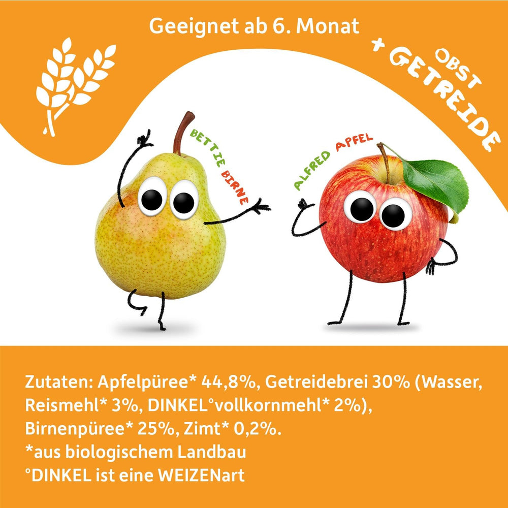 FRECHE FREUNDE Pungă de fructe organică, stoarcabilă, cu mere, pară cu scorțișoară, orez și speltă, piure de fructe cu cereale pentru bebeluși de la 6 luni, vegan, pachet de 6 (6 x 100g)