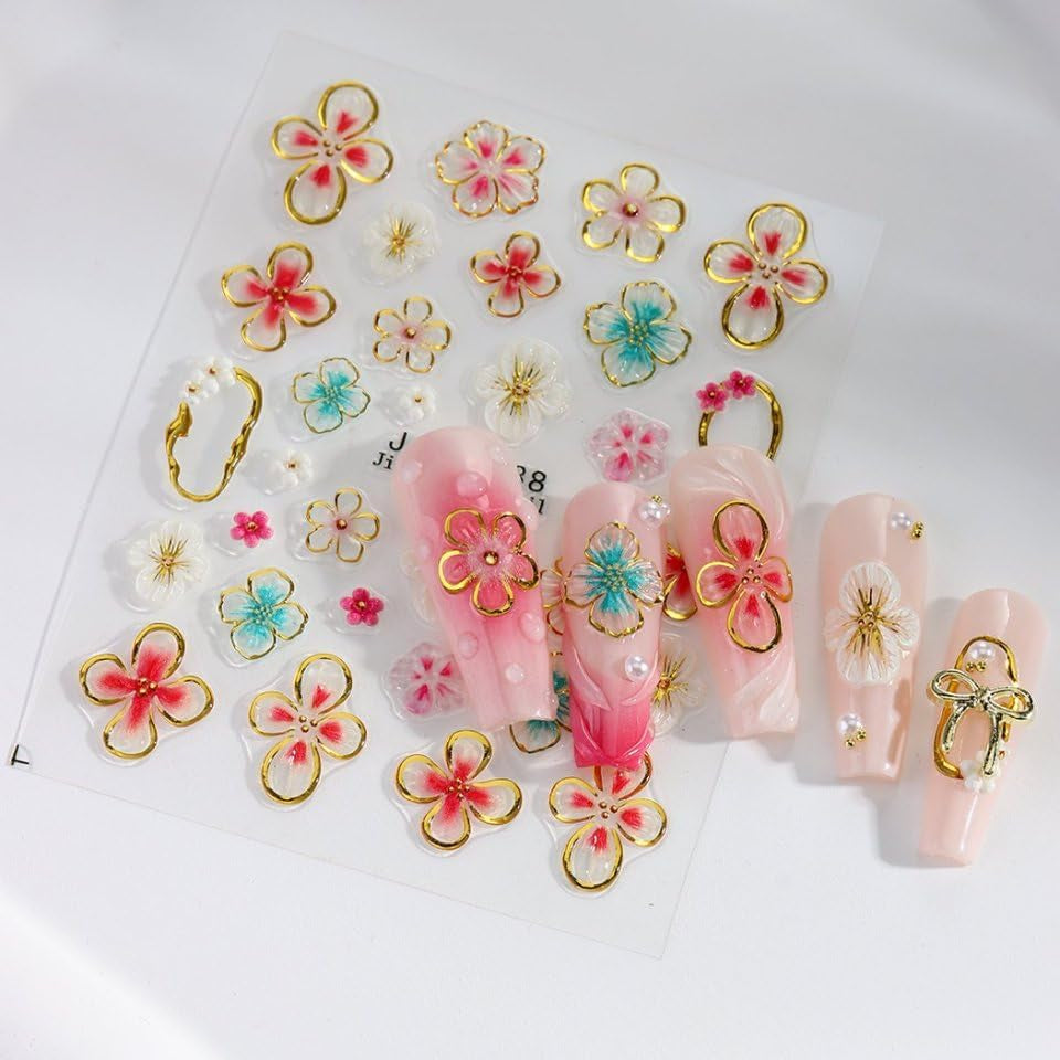 JMEOWIO 3D Nagelsticker Colorful Flower Nail Art Sticker Selbstklebend Nagelaufkleber 5D Stereoskopisch Spring Summer Floral Dekoration Nageldesign Zubehör 4 Blatt