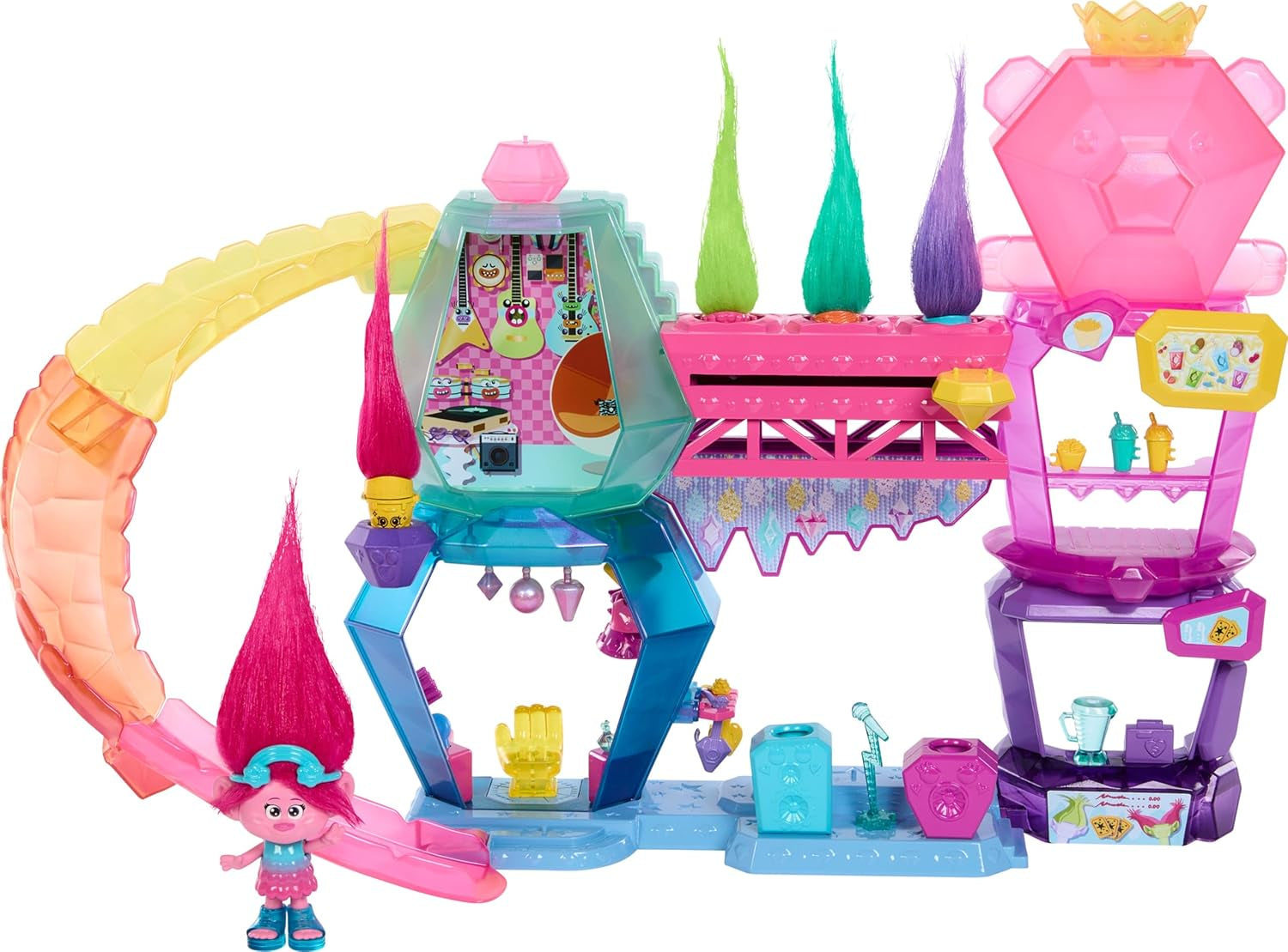 Mattel DREAMWORKS TROLLS Together Strong – Hairy Surprises Poppy Queen Poppy, Viva, Branch und Guy Diamond Plüschhaar, 2 haarige Überraschungen, Zubehör, ab 3 Jahren, HNF10 Puppen Naty Shop Furchtberg Queen Poppy Spielset