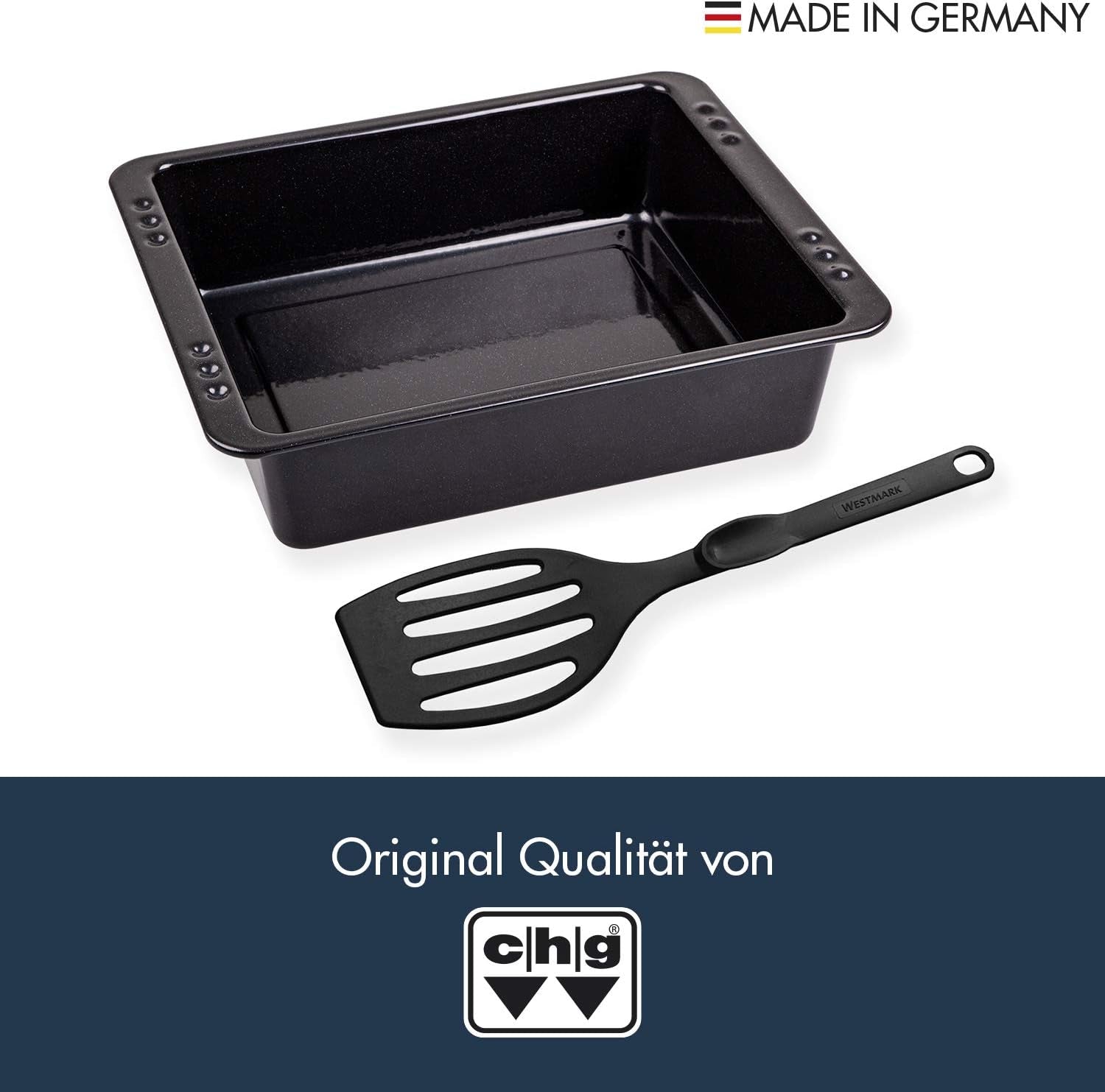 Chg SET 341-46-60 Extra Tiefe Ofenform (7,0 Cm) "Emaille" Mit Profi-Pfannenwender", Schwarz Gesprenkelt Matrite si tavi pentru copt Naty Shop