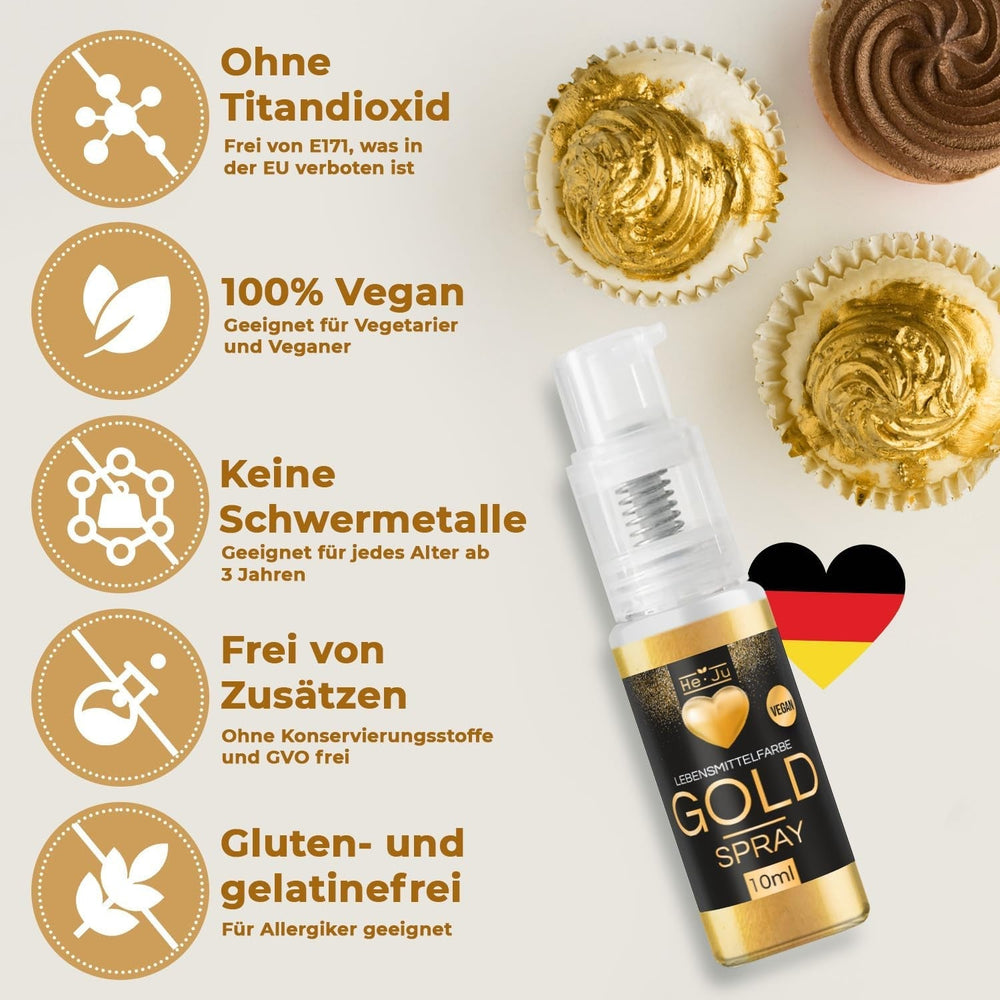 Spray colorant alimentar He-Ju, auriu, 10 g, pudră de aur comestibilă, vegană și fără E171, sclipici comestibil pentru băuturi