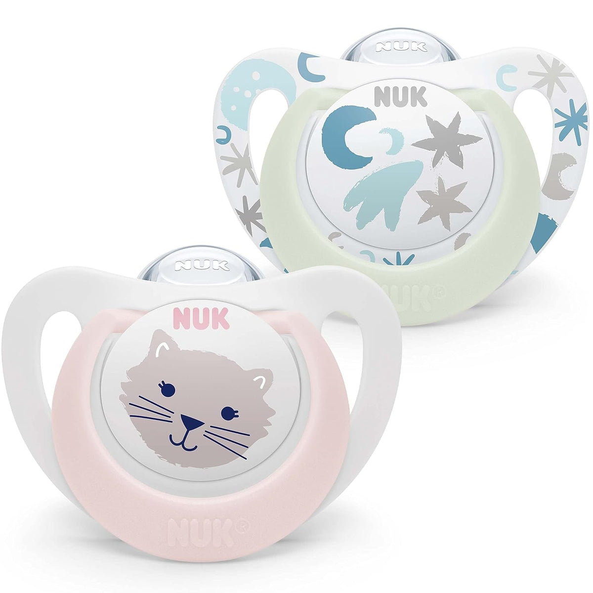 Suzetă NUK Star Night & Day pentru bebeluși 0-6 luni, strălucește în întuneric, silicon fără BPA, pisică roz, pachet de 2