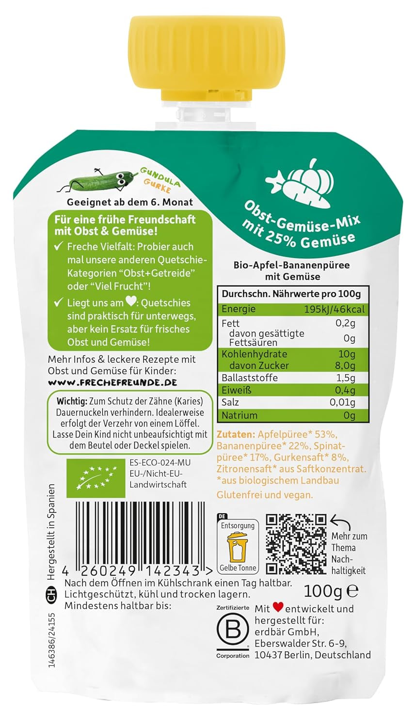 FRECHE FREUNDE Pungă de fructe bio, compresibilă, cu mere, banane, spanac și castravete, piure de fructe cu legume într-o pungă compresibilă pentru bebeluși de la 6 luni, vegan, pachet de 6 (6 x 100g)