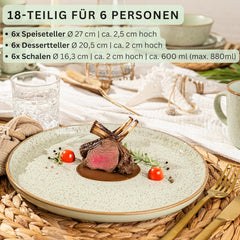 SÄNGER Rio Mint | Set de veselă din gresie pentru 6 persoane, 6 farfurii, 6 farfurii de desert, 6 boluri, verde mentă | COLECȚIA VALUE