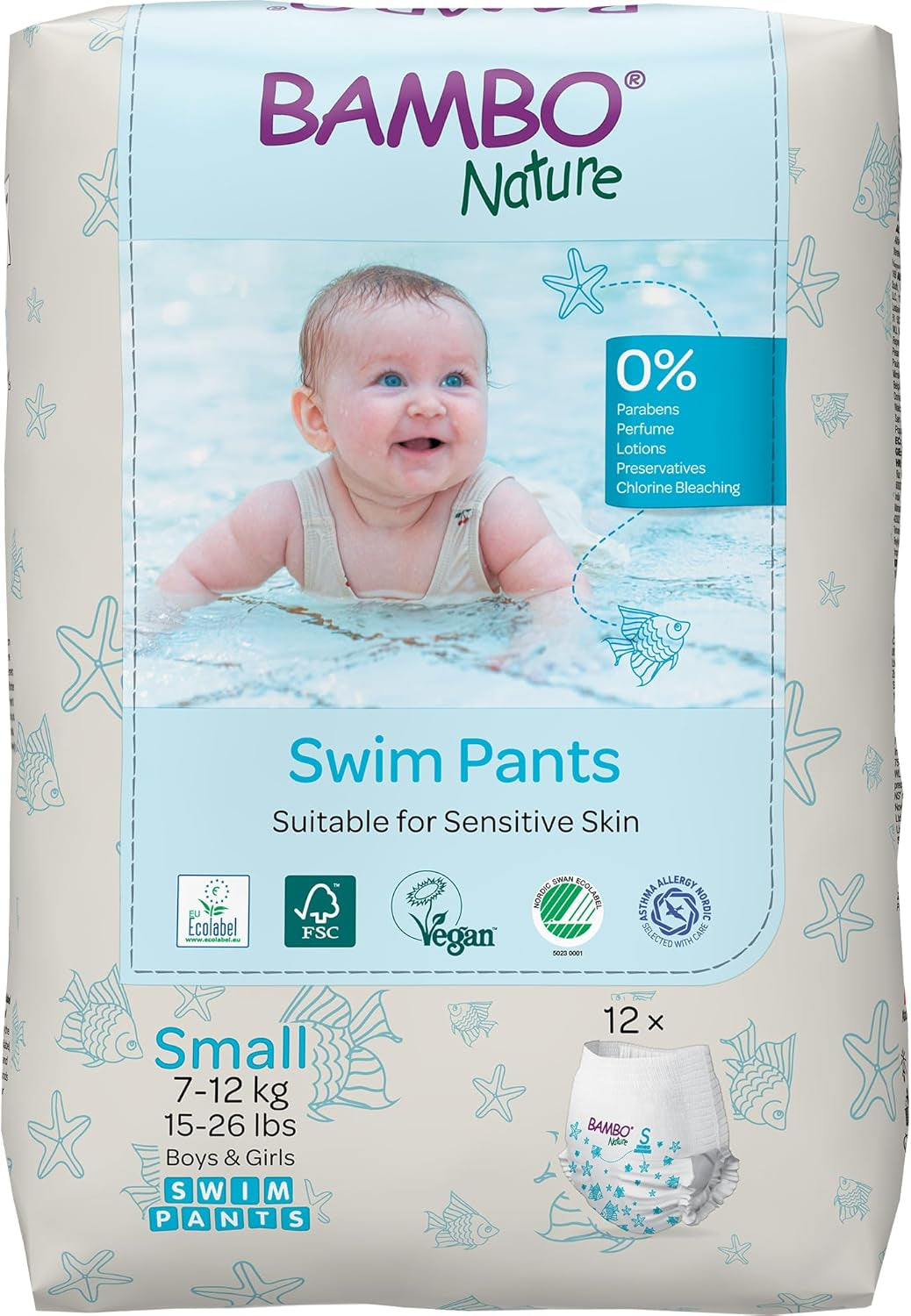 Scutece de înot Bambo Nature pentru bebeluși, mărimea S (7-12 kg), 12 scutece | Scutece de înot de unică folosință cu fixare sigură | Confort etanș în timpul jocului în apă
