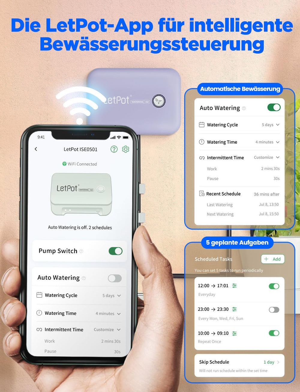 Sistem automat de udare WiFi pentru interior – Sistem inteligent de irigare prin picurare cu control prin aplicație, computer de udare pentru 10 plante de apartament, udare de sărbători și udare a plantelor (Gri)