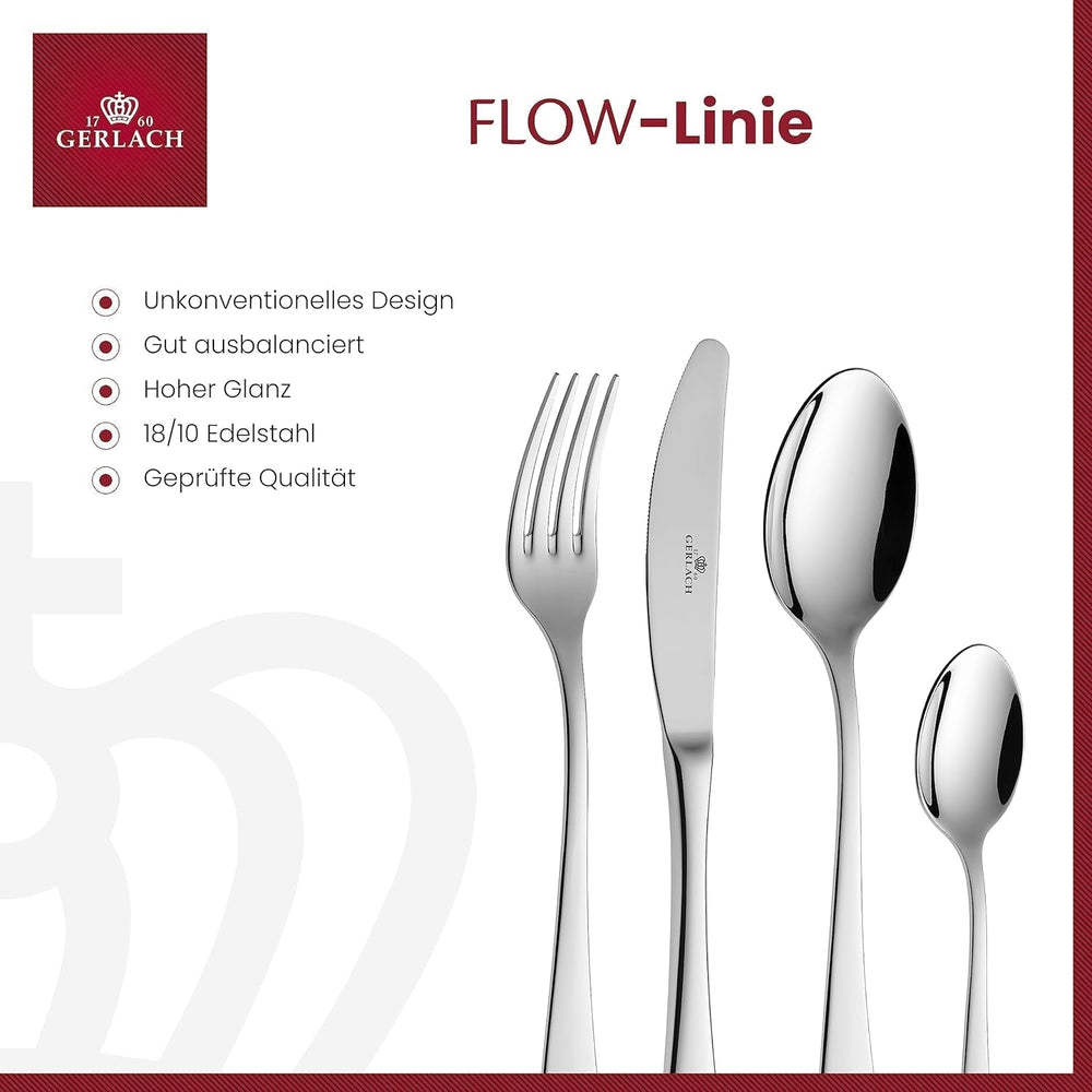 Gerlach Flow Besteck-Set 6 Personen Spülmaschinenfest Essbesteck Besteck Aus Edelstahl Messer Gabel Löffel Teelöffel Tafelbesteck Rostfrei 24 Stk, Silberglänzend Bucatarie Naty Shop