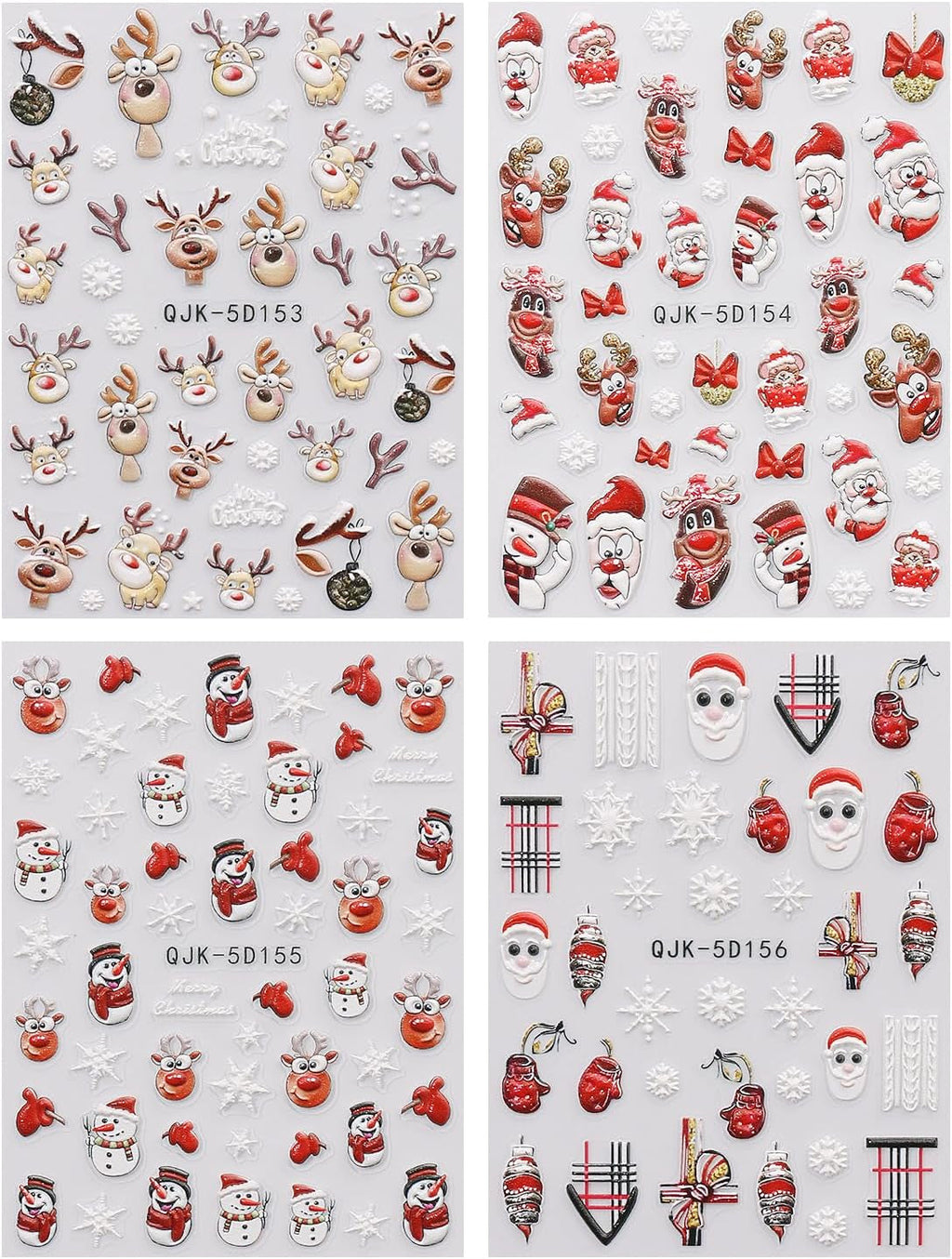 JMEOWIO 3D Nagelsticker Weihnachten Nail Art Sticker Selbstklebend Nagelaufkleber 5D Stereoskopisch Schneeflocke Xmas Winterurlaub Niedlich Dekoration Nageldesign Zubehör 4 Blatt